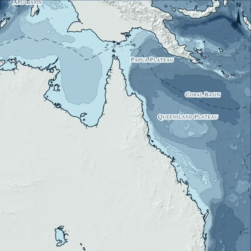 Australia in Bathymetric at the print's own pixels, around the deepest point in the drawing, 8,837 m.