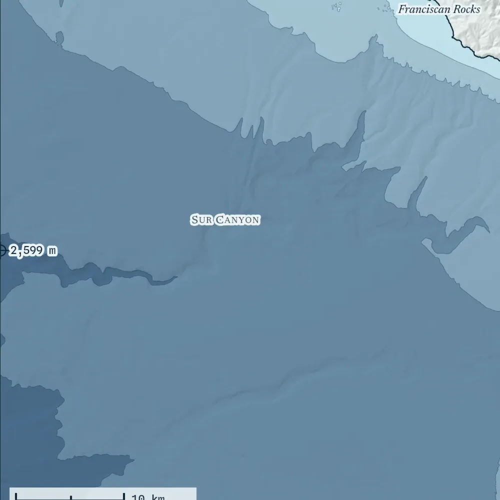 Big Sur in Bathymetric at the print's own pixels, around the deepest point in the drawing, 2,599 m.