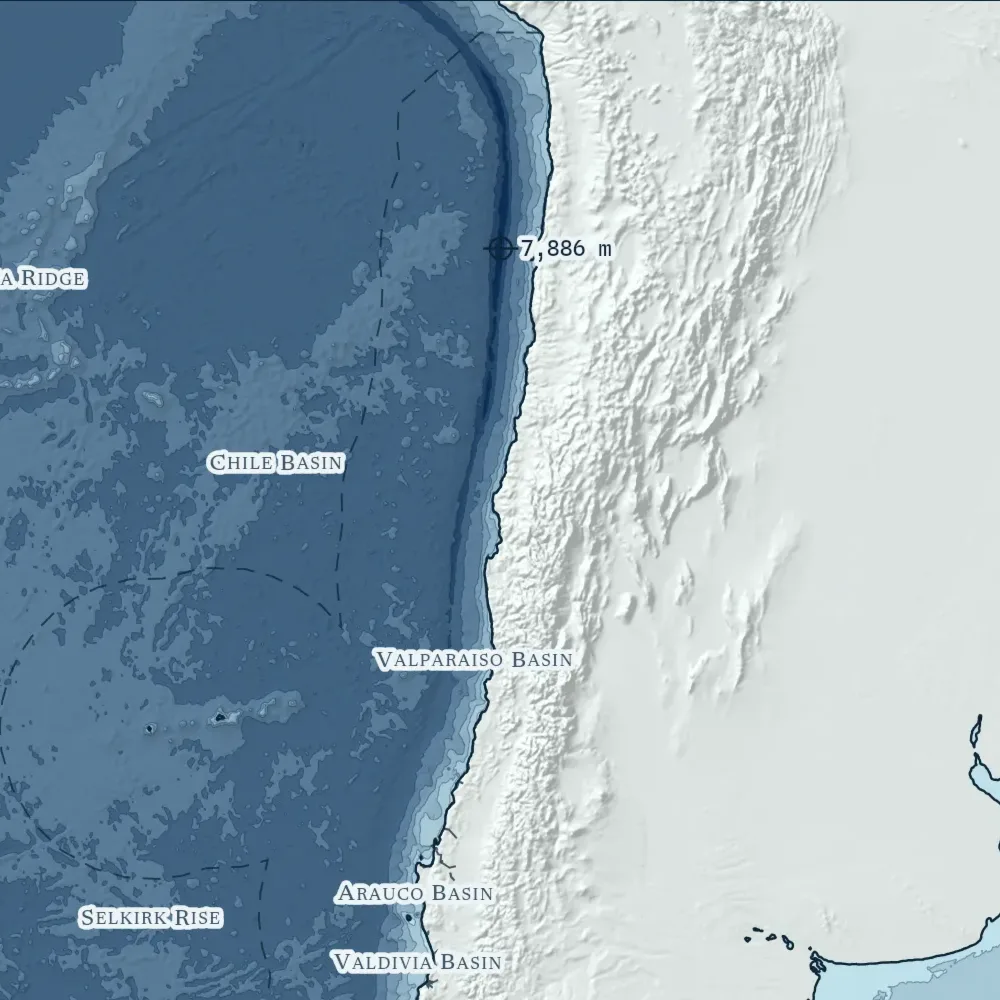 Chile in Bathymetric at the print's own pixels, around the deepest point in the drawing, 7,886 m.