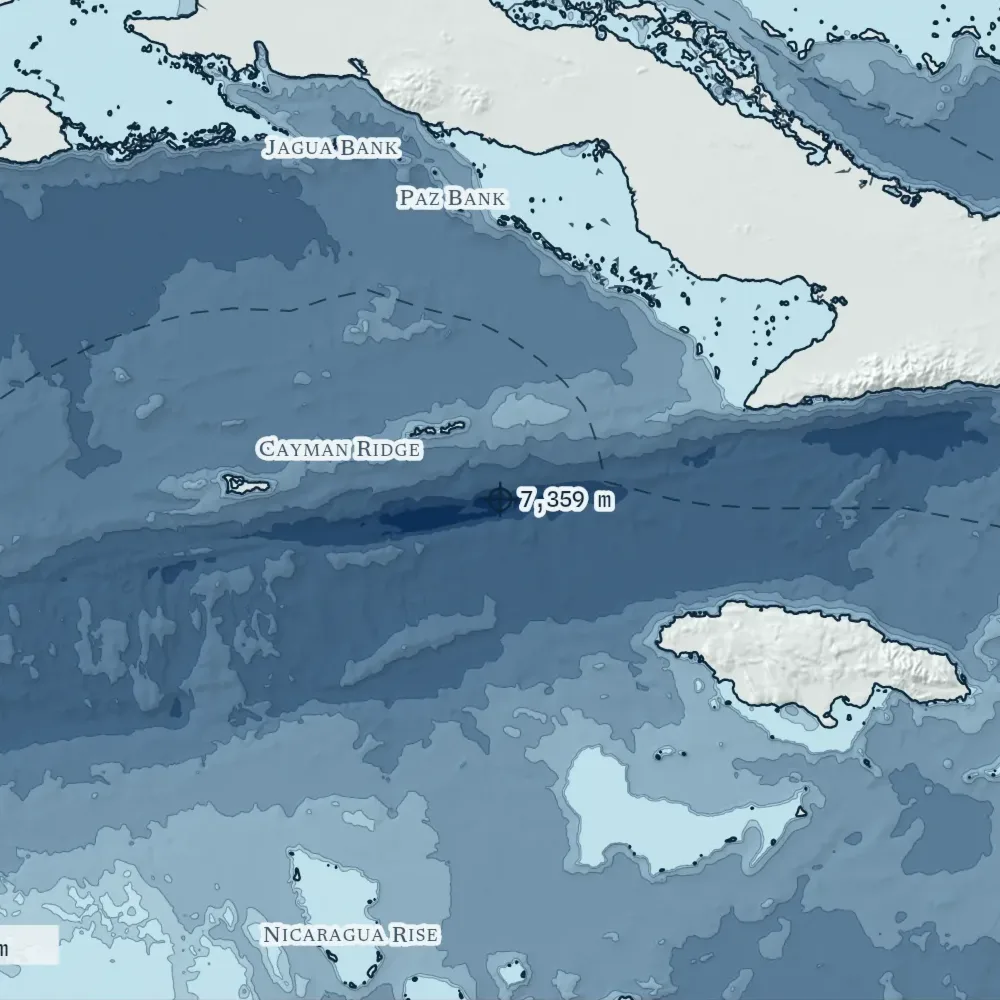 Cuba in Bathymetric at the print's own pixels, around the deepest point in the drawing, 7,359 m.