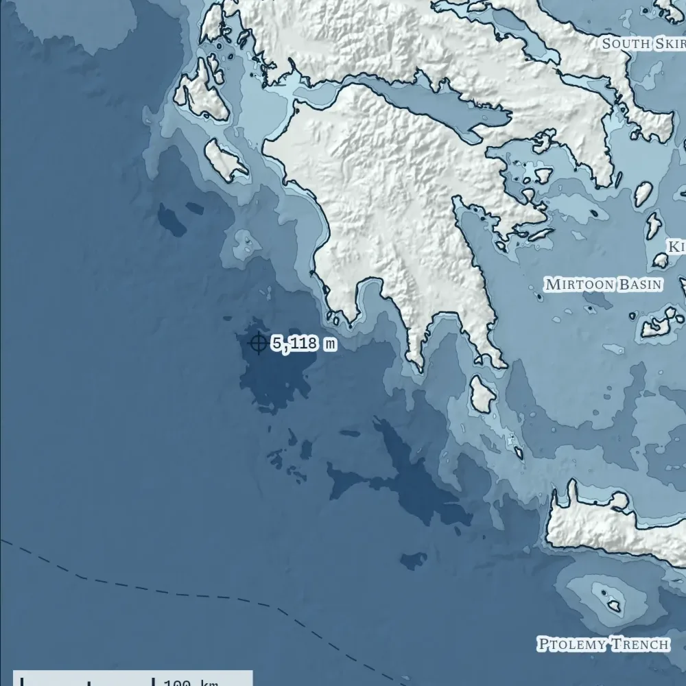 Greece in Bathymetric at the print's own pixels, around the deepest point in the drawing, 5,118 m.