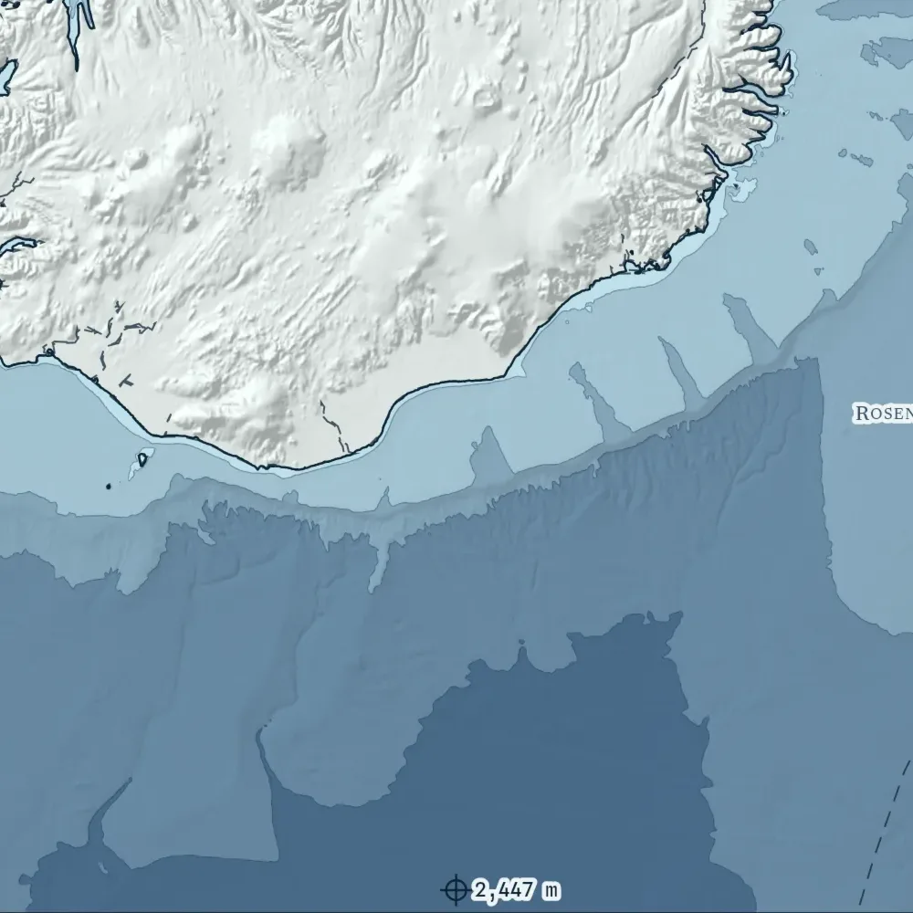 Iceland in Bathymetric at the print's own pixels, around the deepest point in the drawing, 2,447 m.