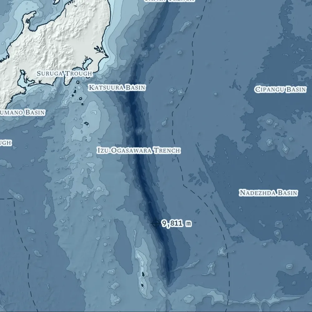 Japan in Bathymetric at the print's own pixels, around its deepest point.