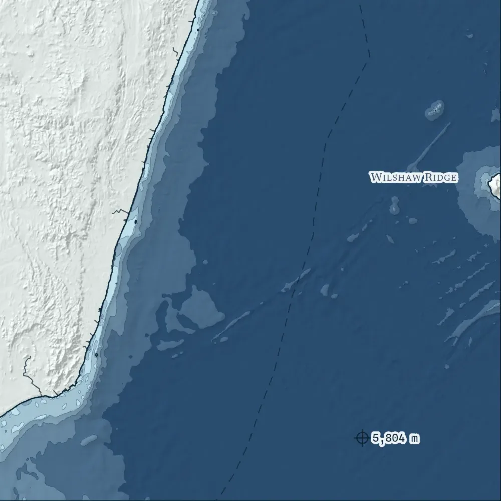 Madagascar in Bathymetric at the print's own pixels, around the deepest point in the drawing, 5,804 m.