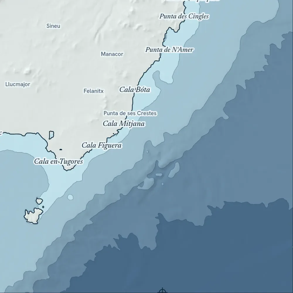 Mallorca in Bathymetric at the print's own pixels, around the deepest point in the drawing, 2,422 m.