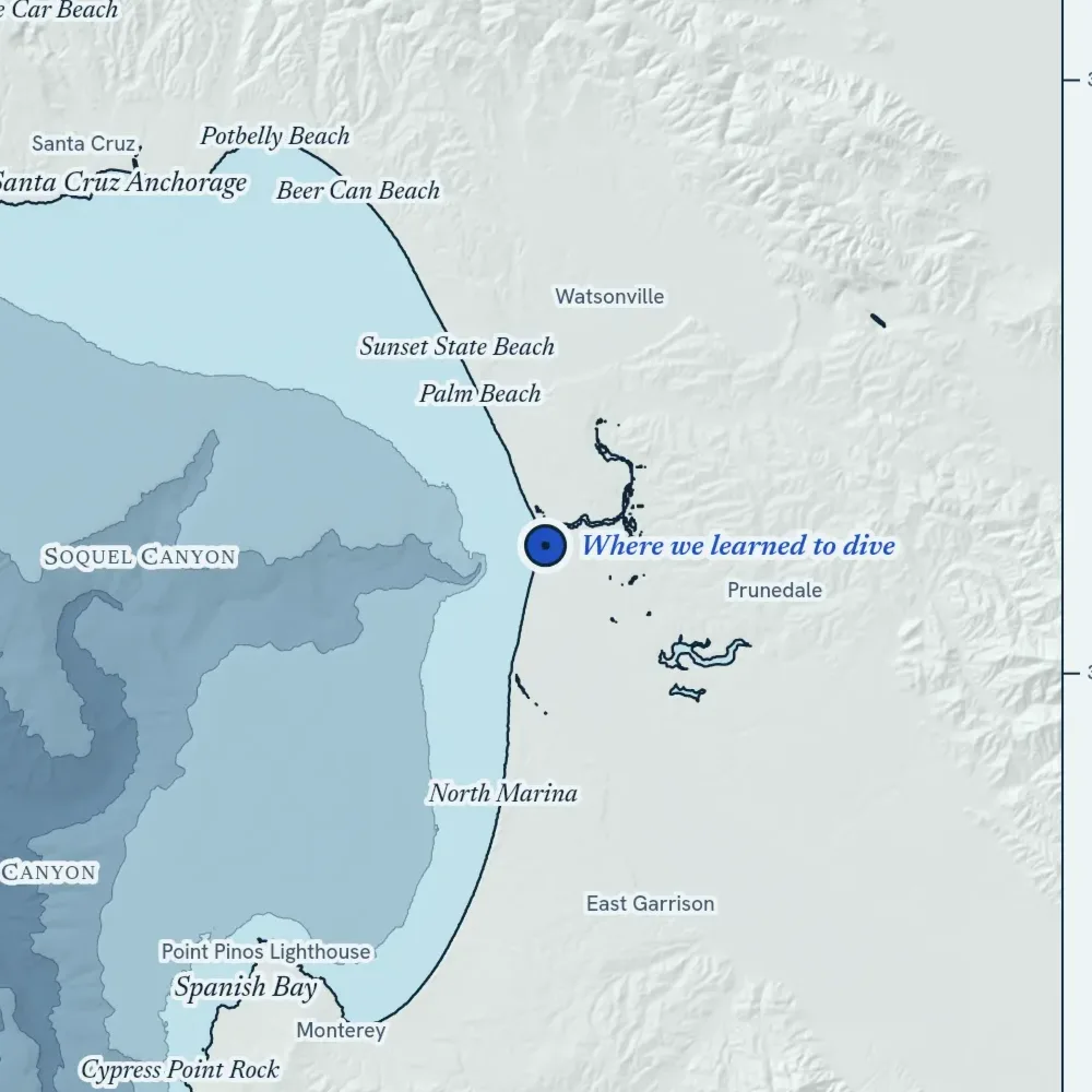 Monterey Bay in Bathymetric at the print's own pixels, a sample pin at Moss Landing marked Where we learned to dive.