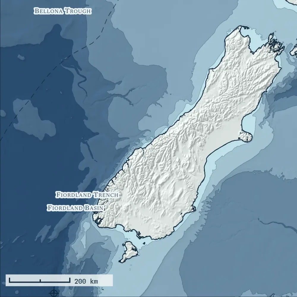 New Zealand in Bathymetric at the print's own pixels, around the deepest point in the drawing, 6,114 m.