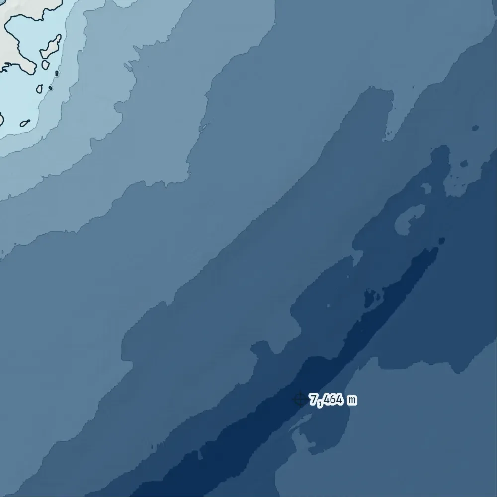 Okinawa in Bathymetric at the print's own pixels, around the deepest point in the drawing, 7,464 m.