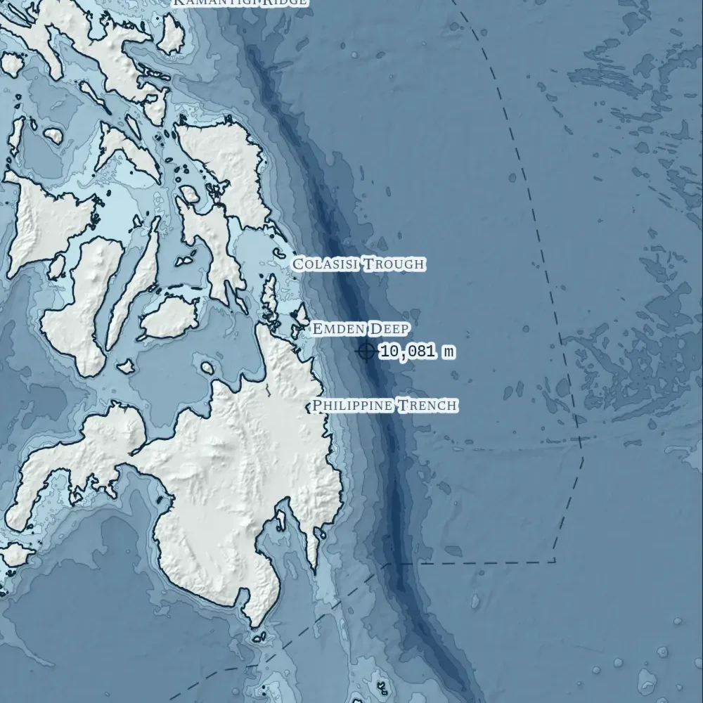The Philippines in Bathymetric at the print's own pixels, around the deepest point in the drawing, 10,081 m.