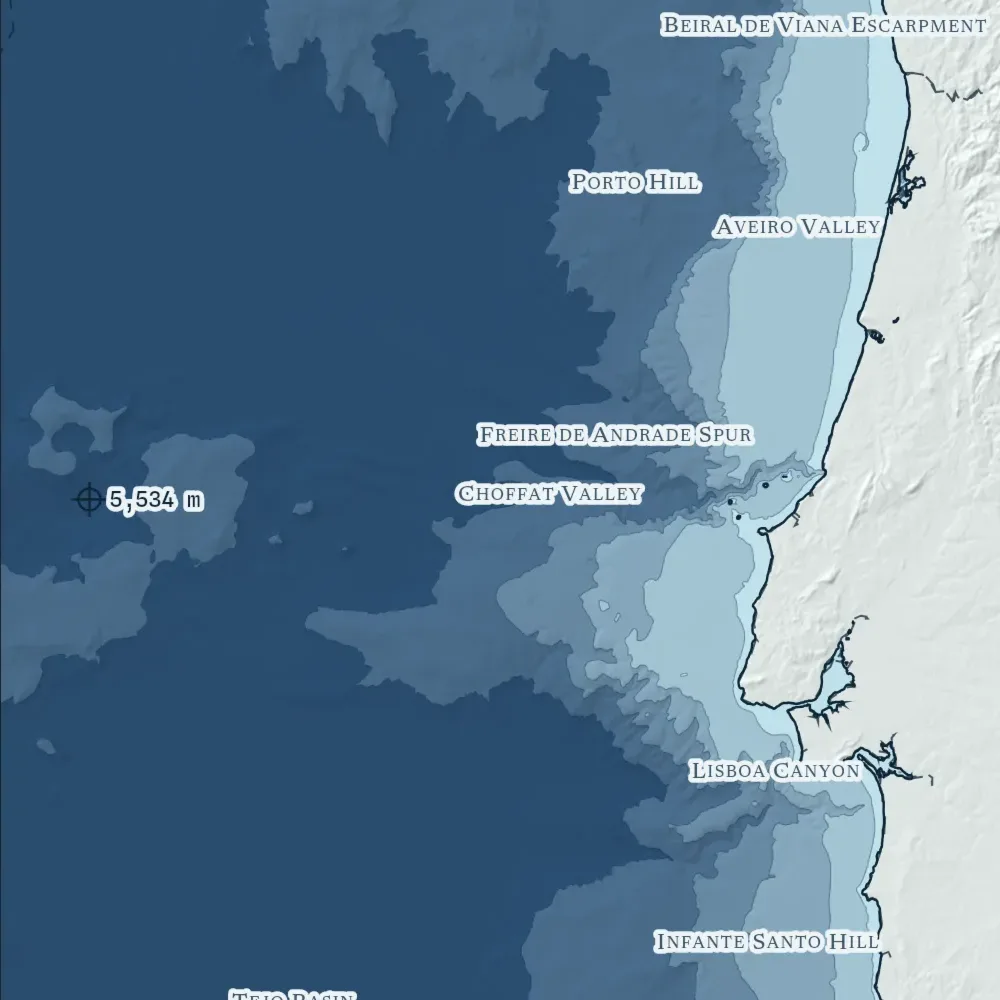 Portugal in Bathymetric at the print's own pixels, around the deepest point in the drawing, 5,534 m.