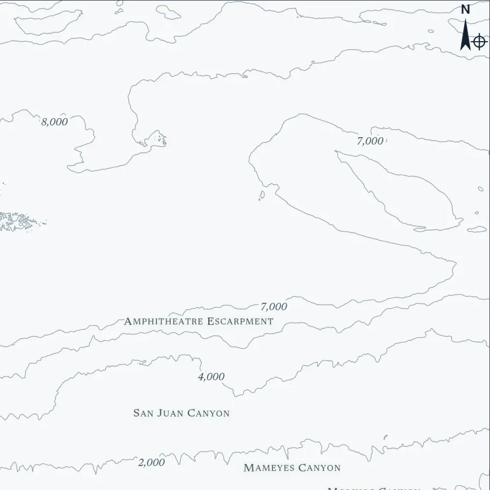 The North Coast of Puerto Rico in Chart at the print's own pixels, around the deepest cell in the Puerto Rico Trench, each depth line labelled.