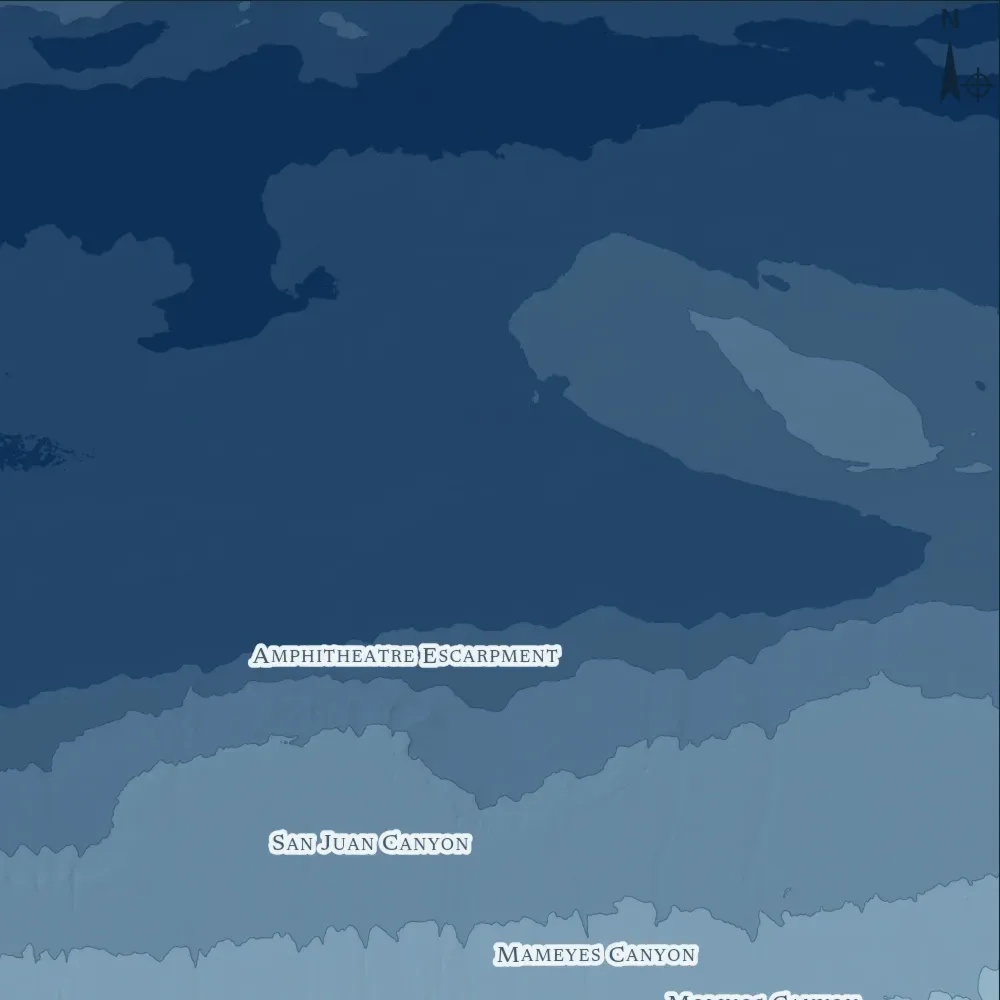 The North Coast of Puerto Rico in Bathymetric at the print's own pixels, around the deepest point in the drawing, 8,516 m.