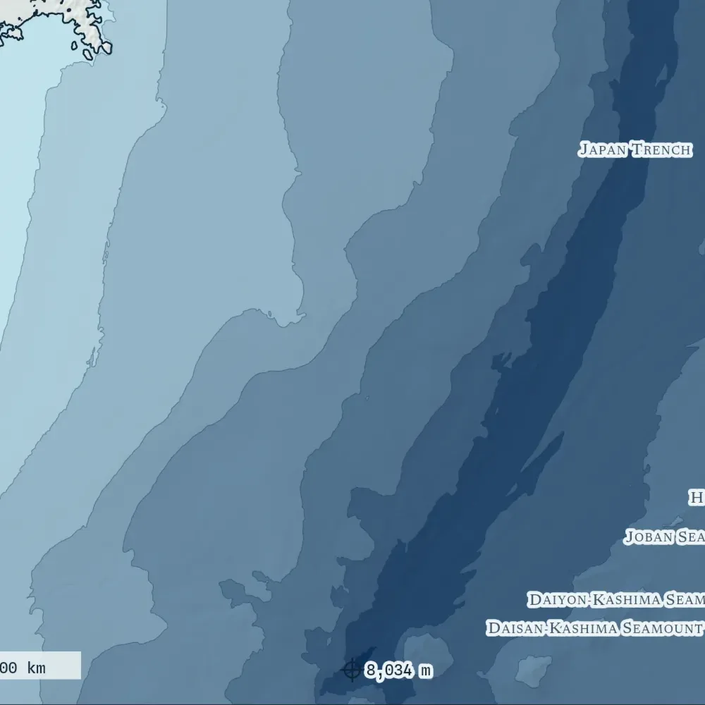 Sendai Bay and the Japan Trench in Bathymetric at the print's own pixels, around the trench's deepest cell.