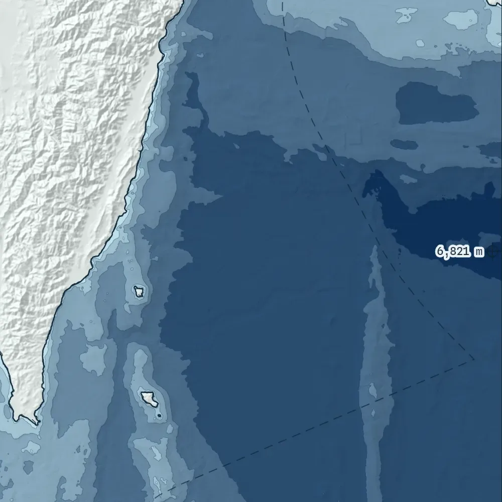 Taiwan in Bathymetric at the print's own pixels, around the deepest point in the drawing, 6,821 m.