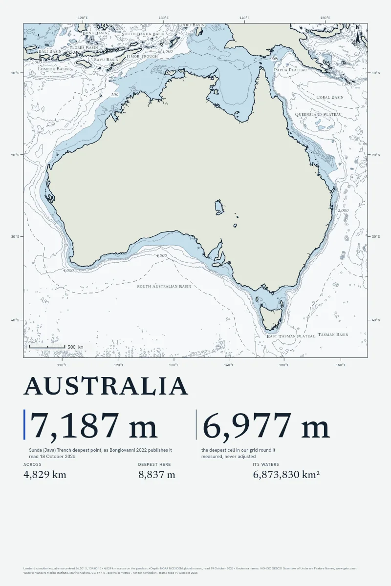 Australia in Chart on Chart, its sea floor drawn from the depth grid to 8,837 m.