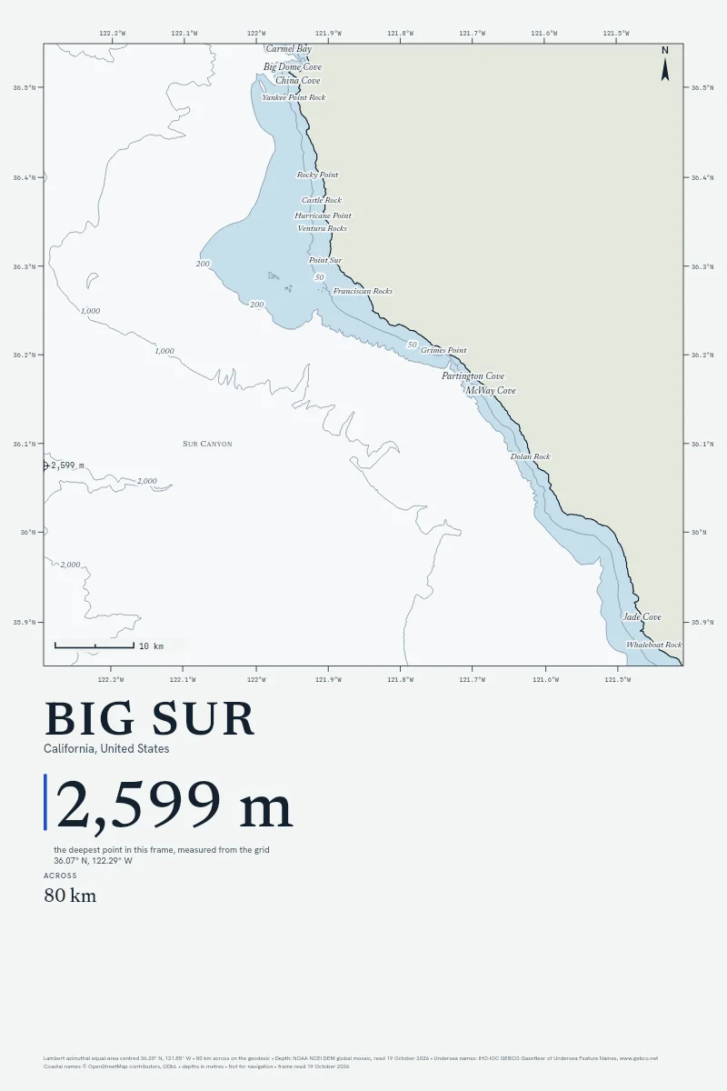 Big Sur in Chart on Chart, its sea floor drawn from the depth grid to 2,599 m.