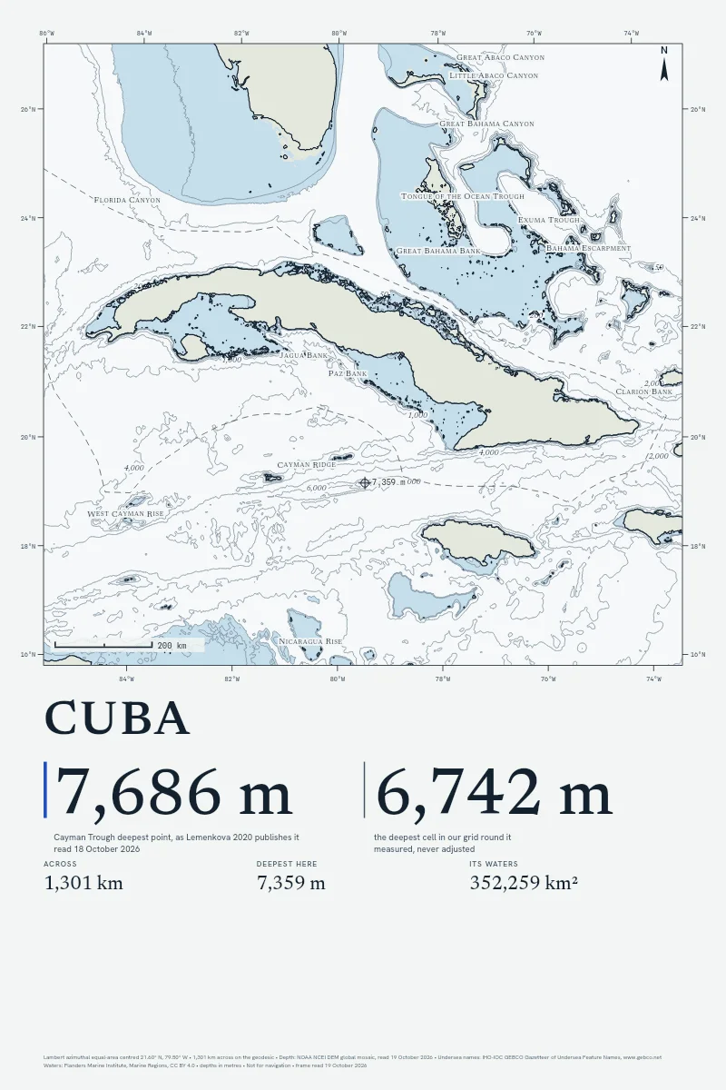 Cuba in Chart on Chart, its sea floor drawn from the depth grid to 7,359 m.