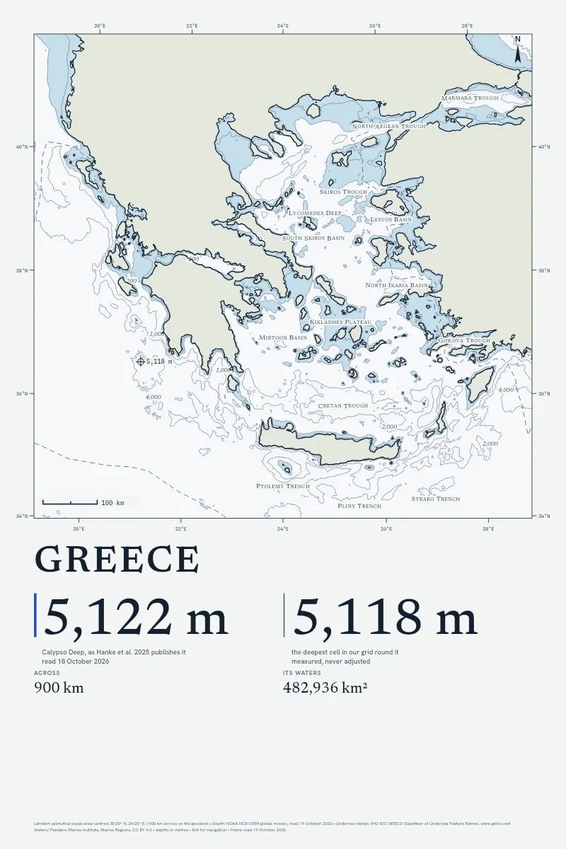 Greece in Chart on Chart, its sea floor drawn from the depth grid to 5,118 m.