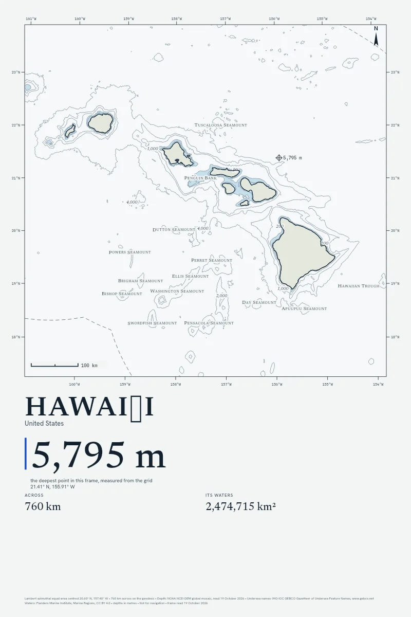 Hawaiʻi in Chart on Chart, its sea floor drawn from the depth grid to 5,795 m.