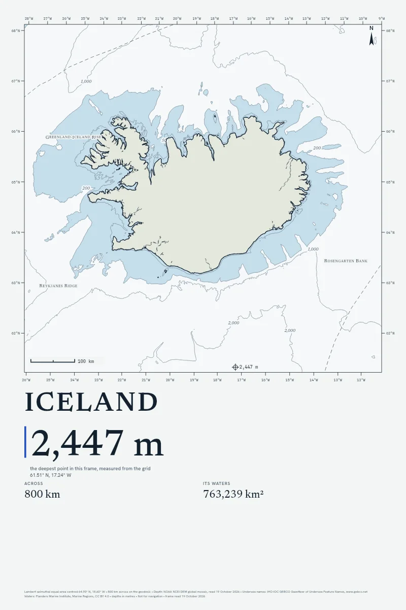 Iceland in Chart on Chart, its sea floor drawn from the depth grid to 2,447 m.
