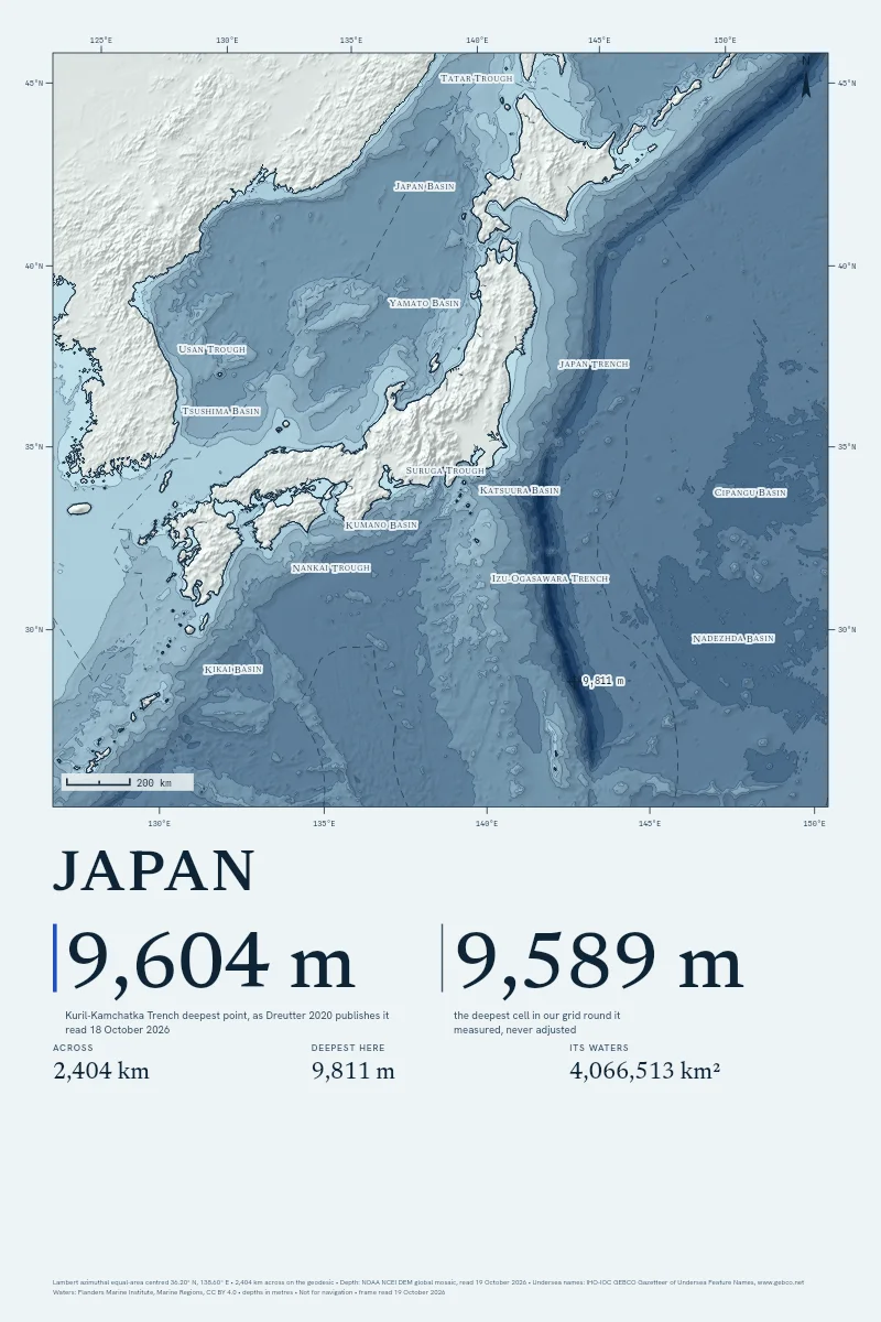 Japan in Bathymetric, the trenches dark down its Pacific side.