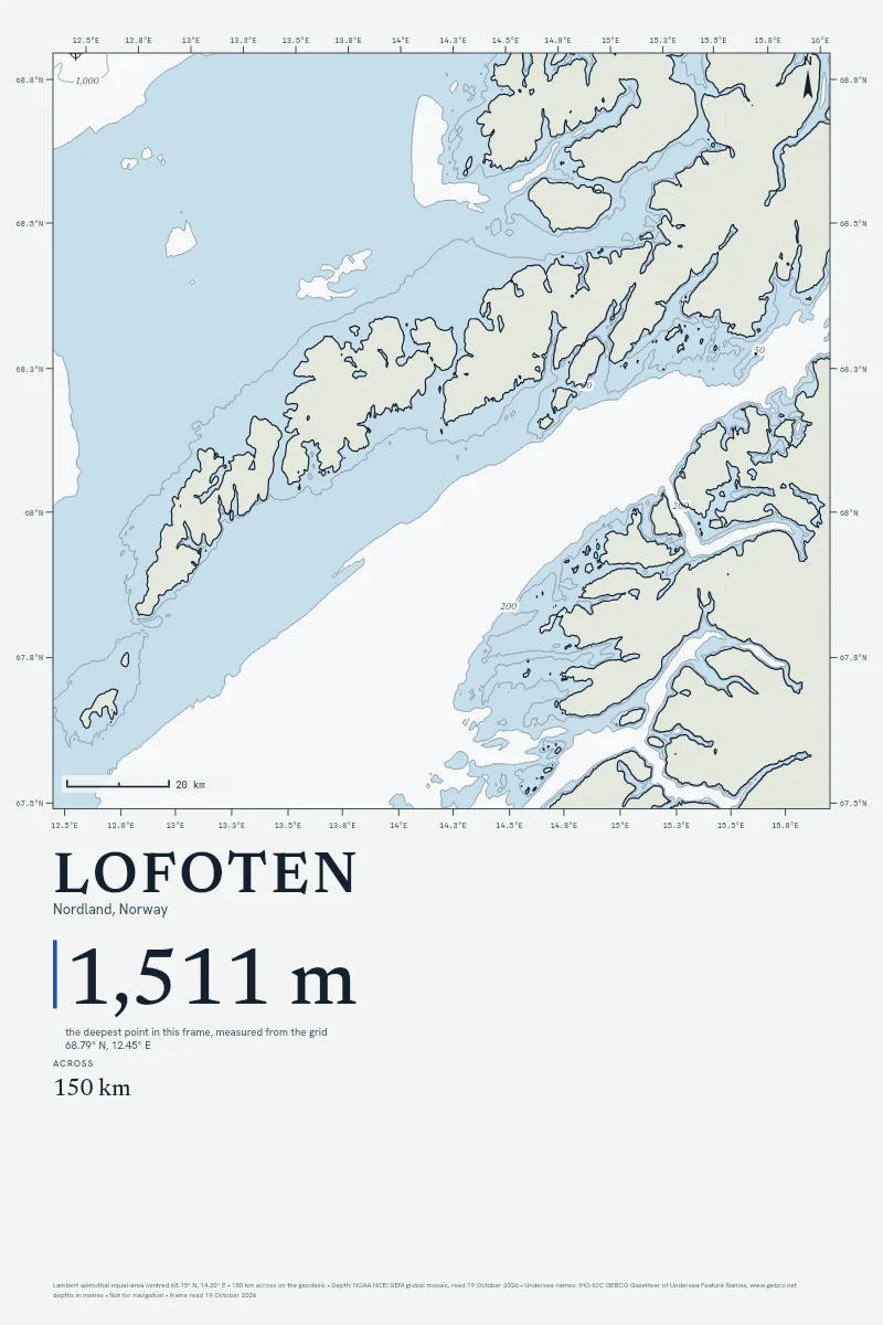 Lofoten in Chart on Chart, its sea floor drawn from the depth grid to 1,511 m.
