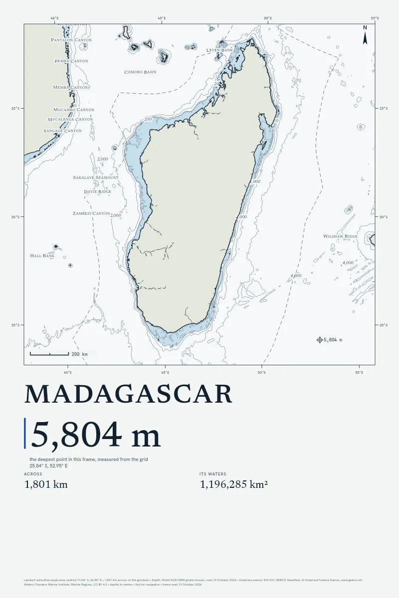 Madagascar in Chart on Chart, its sea floor drawn from the depth grid to 5,804 m.