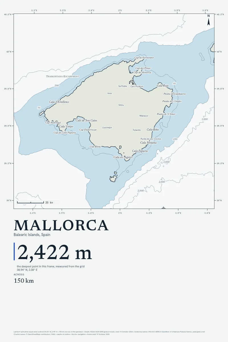 Mallorca in Chart on Chart, its sea floor drawn from the depth grid to 2,422 m.