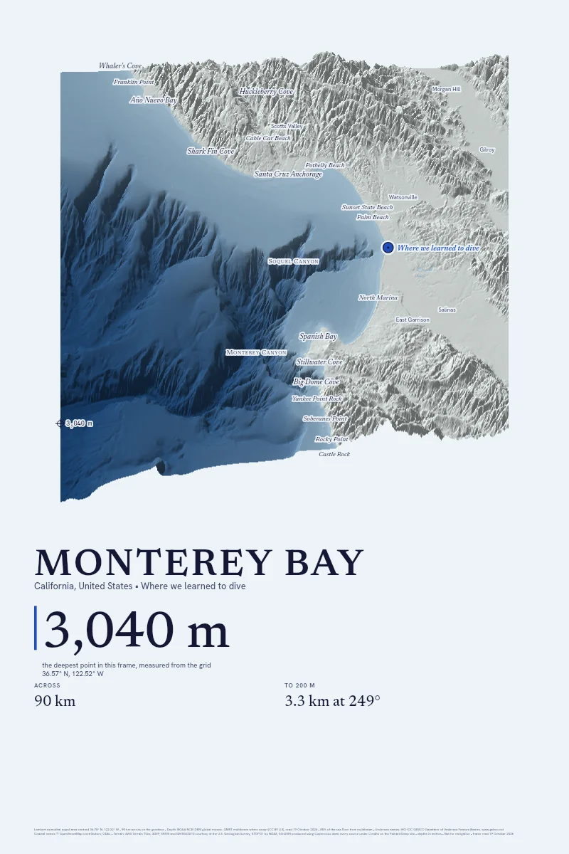 Monterey Bay in Oblique on Morning, its sea floor drawn from the depth grid to 3,040 m, with a sample pin marked Where we learned to dive.