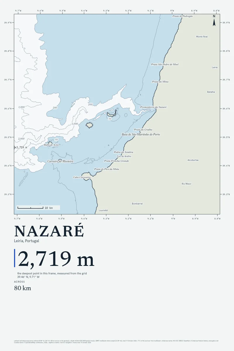 Nazaré in Chart on Chart, its sea floor drawn from the depth grid to 2,719 m.
