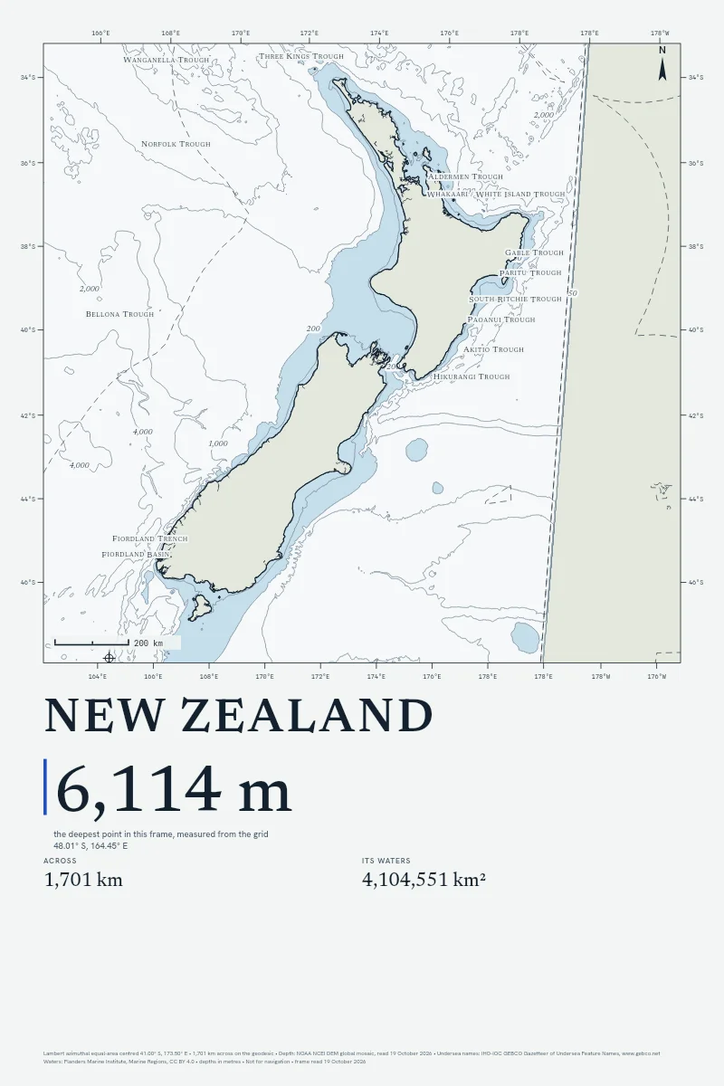 New Zealand in Chart on Chart, its sea floor drawn from the depth grid to 6,114 m.