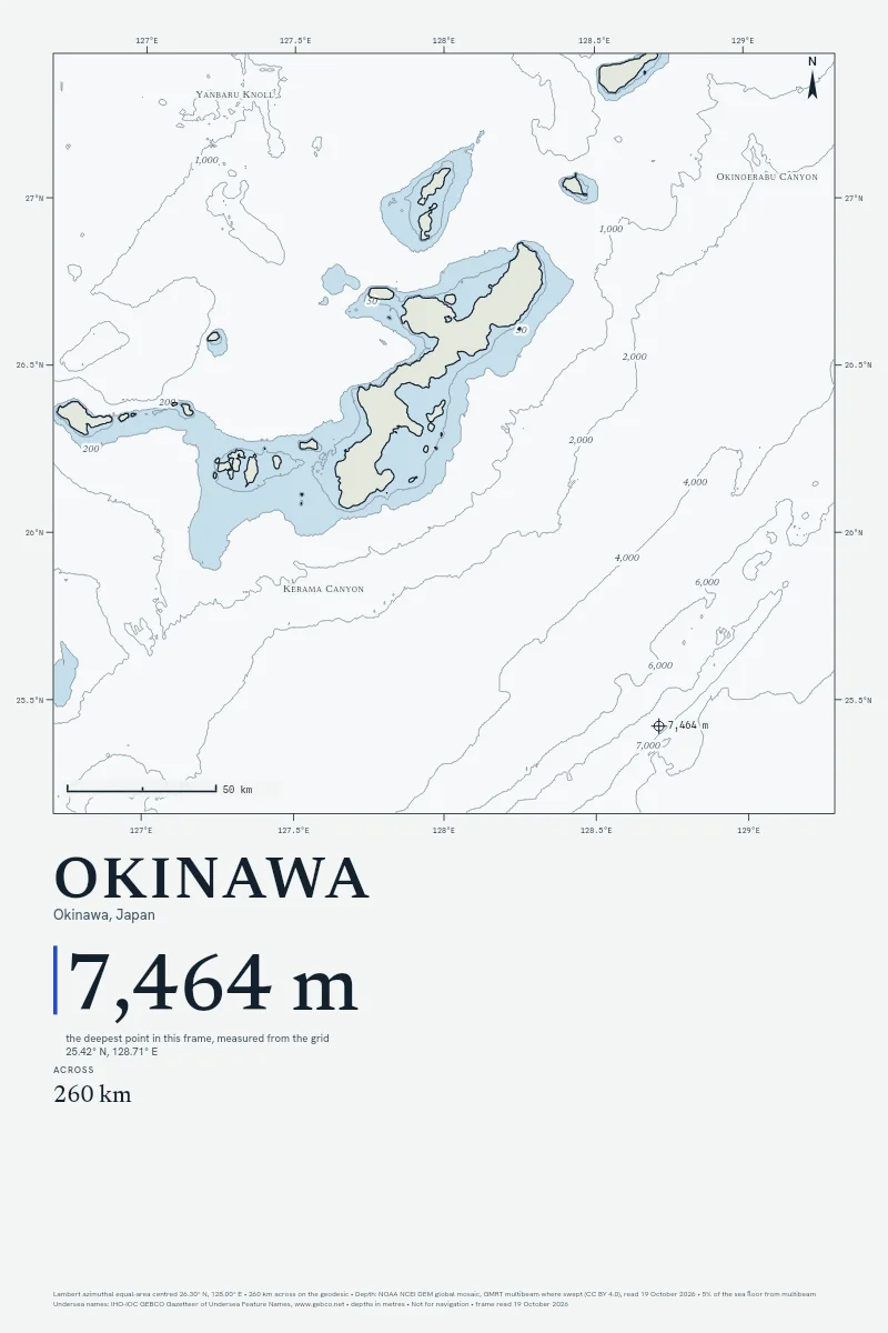 Okinawa in Chart on Chart, its sea floor drawn from the depth grid to 7,464 m.