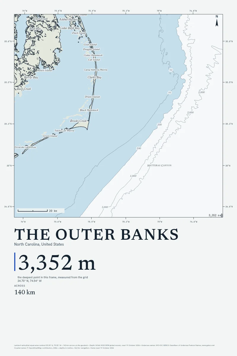 The Outer Banks in Chart on Chart, its sea floor drawn from the depth grid to 3,352 m.