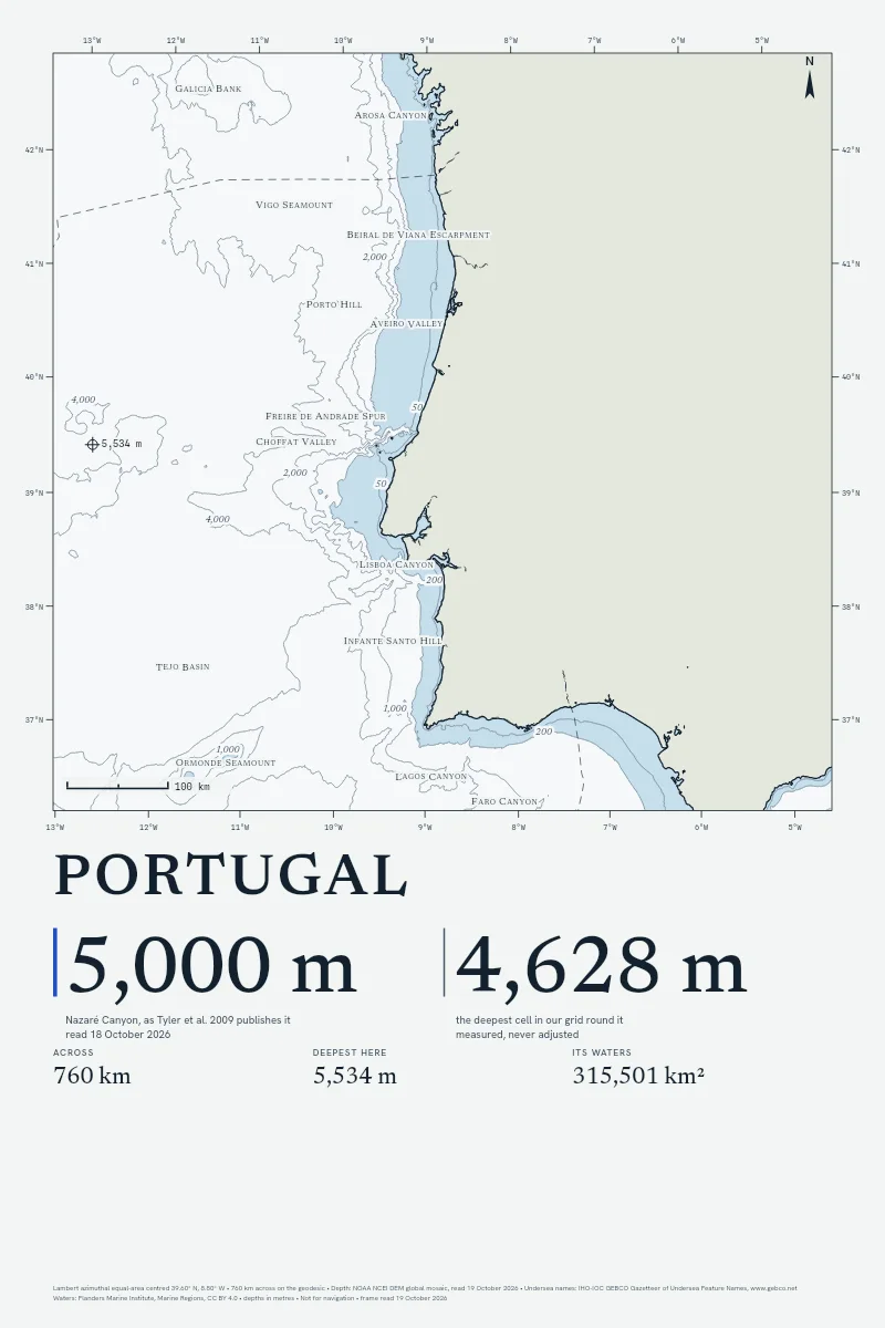 Portugal in Chart on Chart, its sea floor drawn from the depth grid to 5,534 m.
