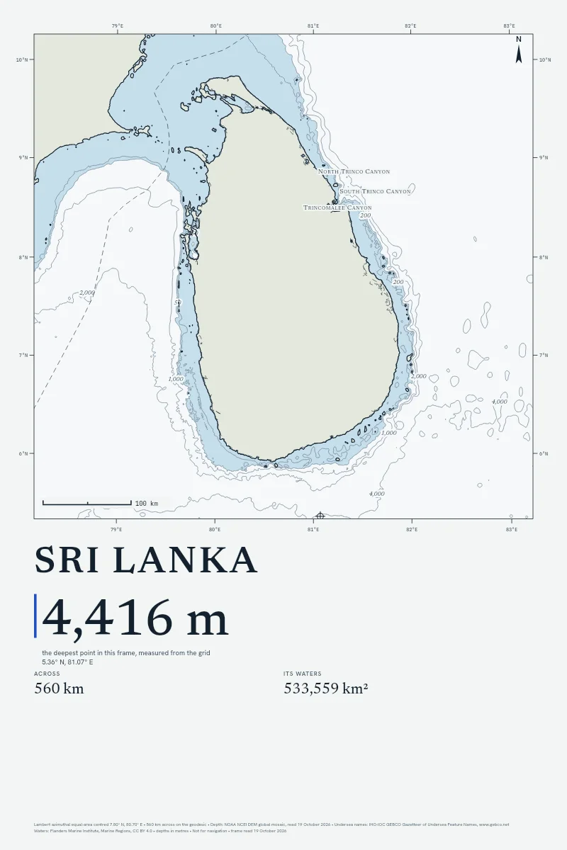 Sri Lanka in Chart on Chart, its sea floor drawn from the depth grid to 4,416 m.