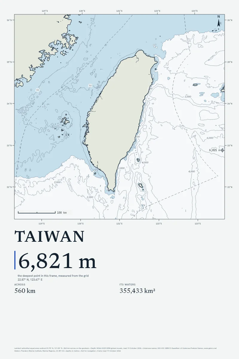 Taiwan in Chart on Chart, its sea floor drawn from the depth grid to 6,821 m.