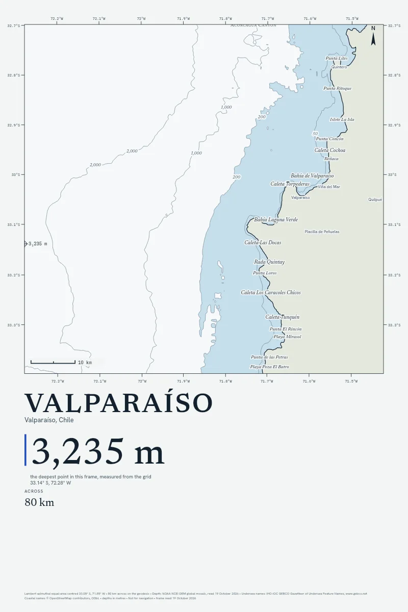 Valparaíso in Chart on Chart, its sea floor drawn from the depth grid to 3,235 m.