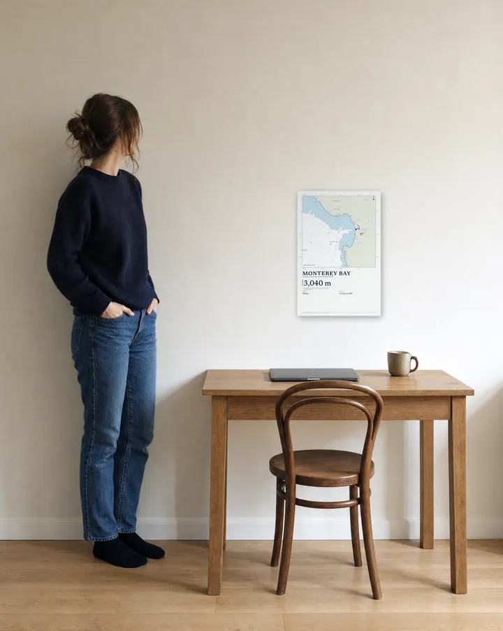 Generated scene: a study, above an oak desk. On the wall, our real Chart drawing of Monterey Bay at 12 × 18 in, set at true scale beside a woman 5 ft 6 in tall.