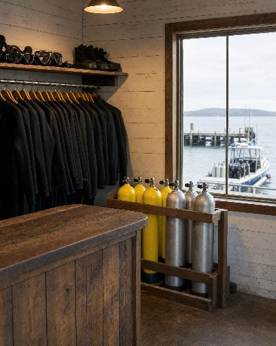 Generated scene: a harbour dive shop with wetsuits on hangers, cylinders in a rack and a dive boat beyond the window.