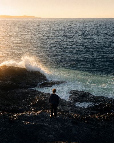 Generated scene: a person on wet black rocks at dawn, looking out where pale green water turns deep blue.