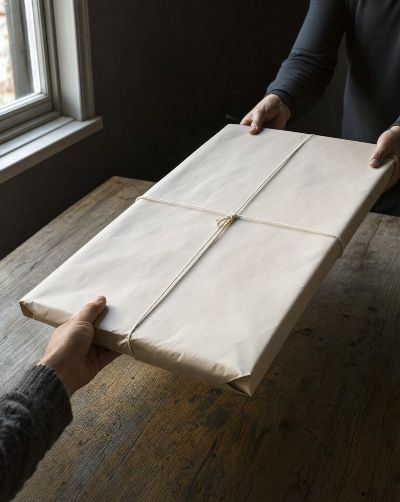 Generated scene: two hands passing a large flat parcel in plain paper and white string across an oak table.