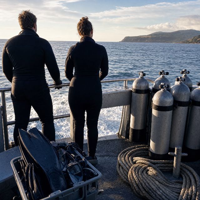 Generated scene: two divers in wetsuits at the rail of a dive boat heading out, cylinders lashed along the side.