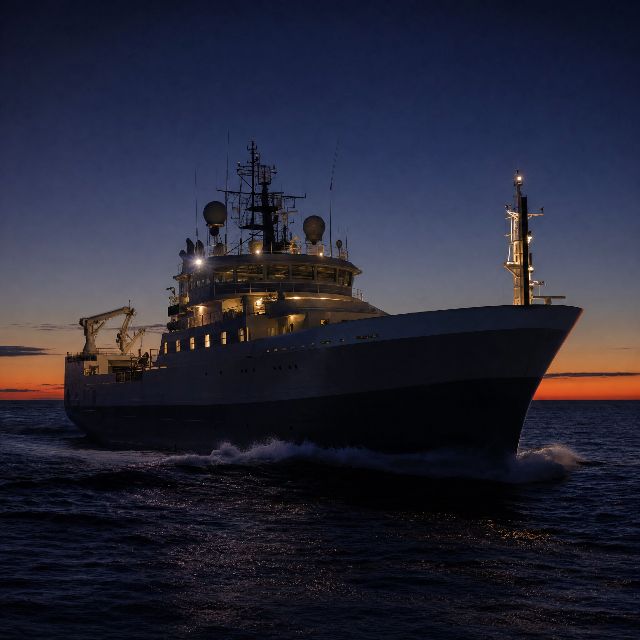 Generated scene: a white research ship crossing open sea at dusk.